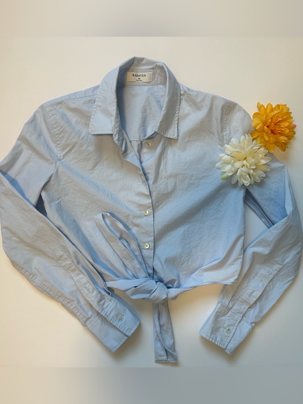 Babaton Light Blue Tie-Front Button Down Shirt